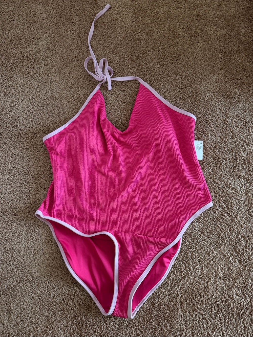 Bright Pink Ribbed One-Piece Swimsuit with Light Purple Trim